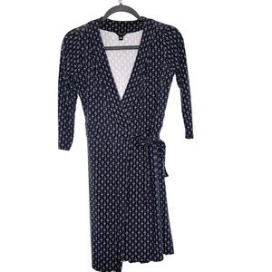 ANN Taylor Wrap Dress Womens 00P Navy White Diamond Print V Neck Work Career